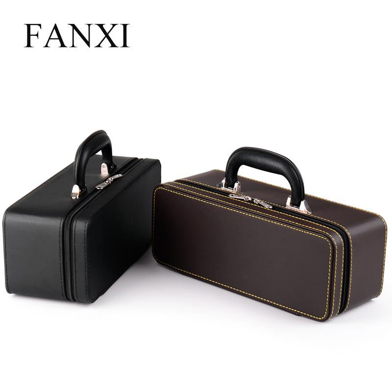 FANXI Factory Custom Coffee or Black Color PU Leather Velvet Insert Traveling Business Using Jewelry Storage Case