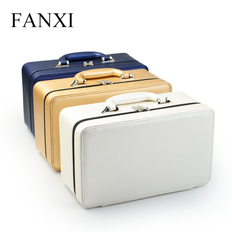 FANXI Factory Fine Workmanship Jewelry Storage Jewelry Organizer White Yellow Blue PU Leather Two Layers Jewelry Travel Case