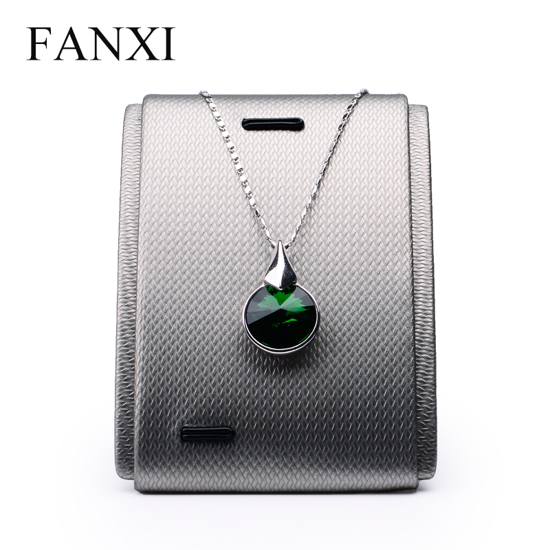 FANXI Custom Luxury Shop Counter Organizer Jewelry Display Ring Pendant Holder Stand Tilt Black PU Leather Necklace Holder