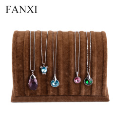 FANXI Custom Wood Jewelry Exhibitor Holder With Hooks For Pendant Brown And Gray Ice Velvet Necklace Display Stand