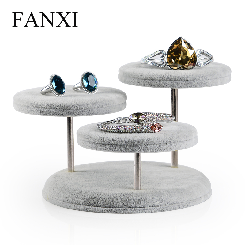 FANXI Wholesale Factory Custom Round Shape Wooden Jewellery Stand Holder Necklace Bangle Bracelet Gray Velvet Ring Display