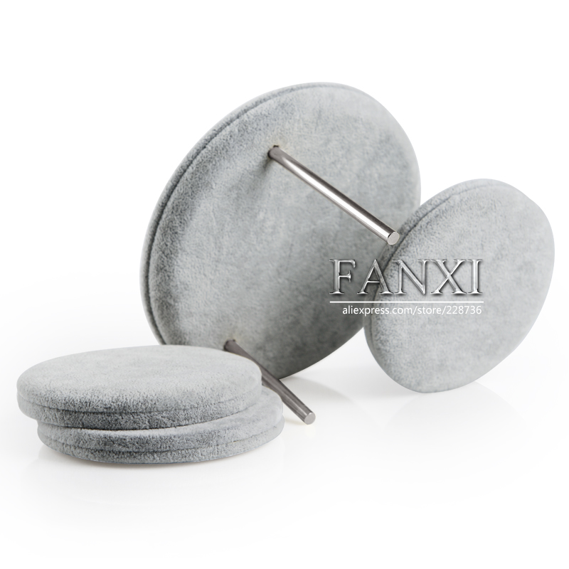 FANXI Wholesale Factory Custom Round Shape Wooden Jewellery Stand Holder Necklace Bangle Bracelet Gray Velvet Ring Display