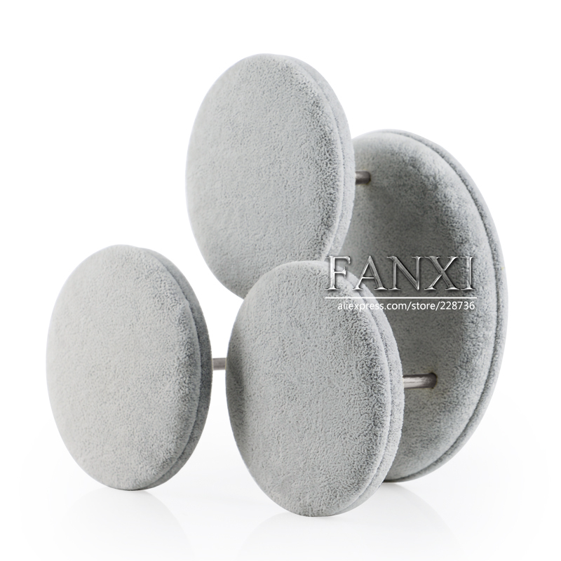 FANXI Wholesale Factory Custom Round Shape Wooden Jewellery Stand Holder Necklace Bangle Bracelet Gray Velvet Ring Display