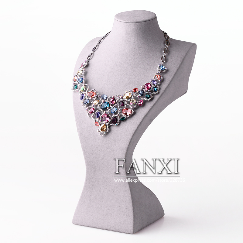 FANXI Custom Logo Luxury Jewelry Shop Counter Exhibitor For Necklace Pendant Gray Leather Necklace Display Bust