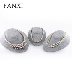 FANXI Wholesale factory custom wooden jewelry display mannequins cardboard support back gray velvet necklace neck form