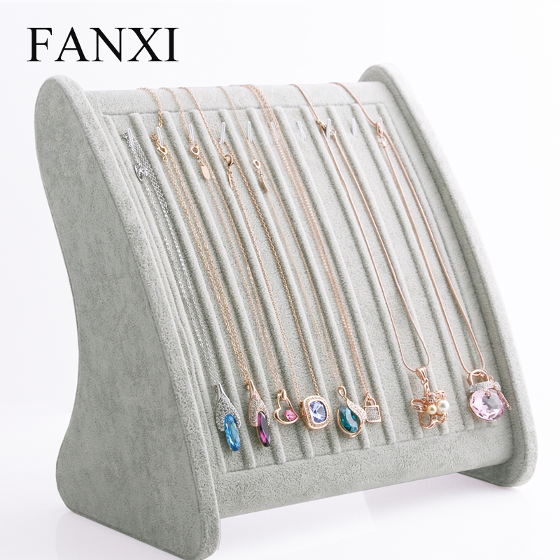 FANXI China Jewelry Display Manufacturer Gray And Brown Velvet Pendant Display Wooden Necklace Holder