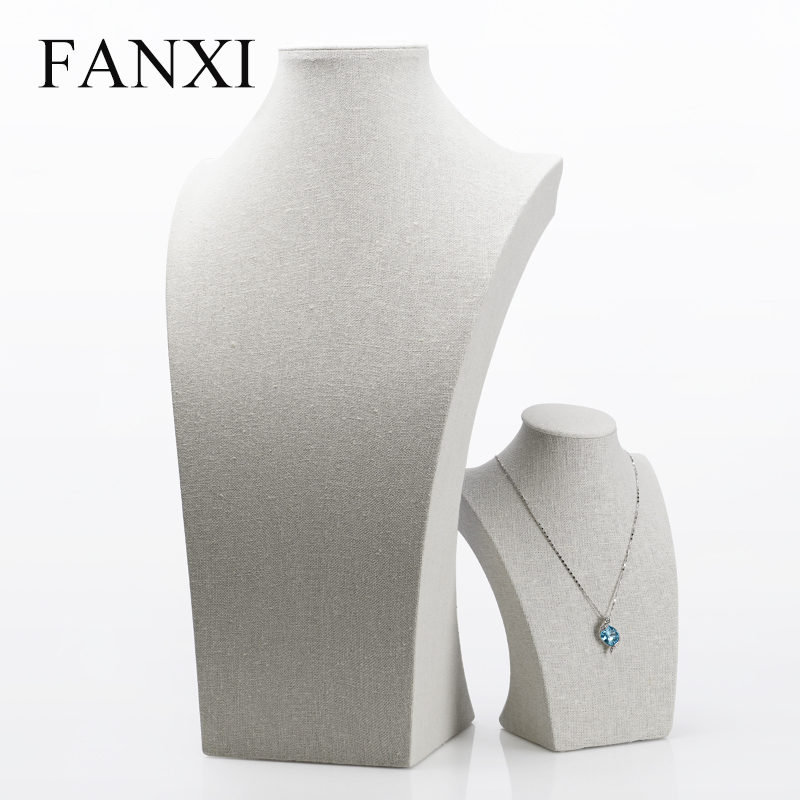 FANXI China Supplier Tall Jewelry Display Neck Stands Wood Linen Necklace Bust