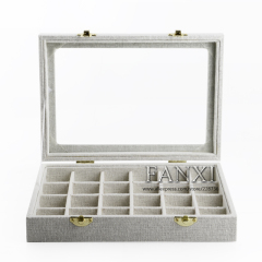 FANXI Jewelry Cases With Glass Lid For Ring Earrings Bracelet Necklace Storage Custom Beige Linen Jewelry Case