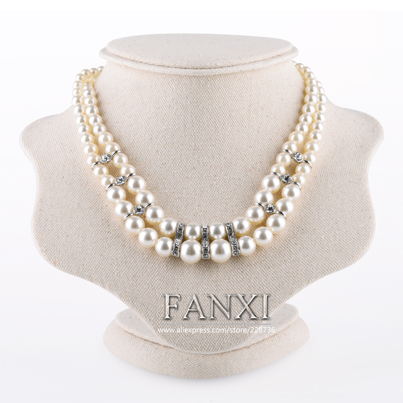 FANXI Jewelry Display High Quality MDF Wood With White Cardboard Korea Linen Creamy White Necklace Display Bust