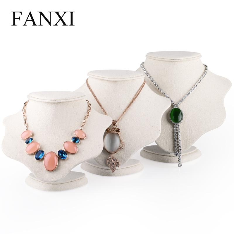 FANXI Jewelry Display High Quality MDF Wood With White Cardboard Korea Linen Creamy White Necklace Display Bust