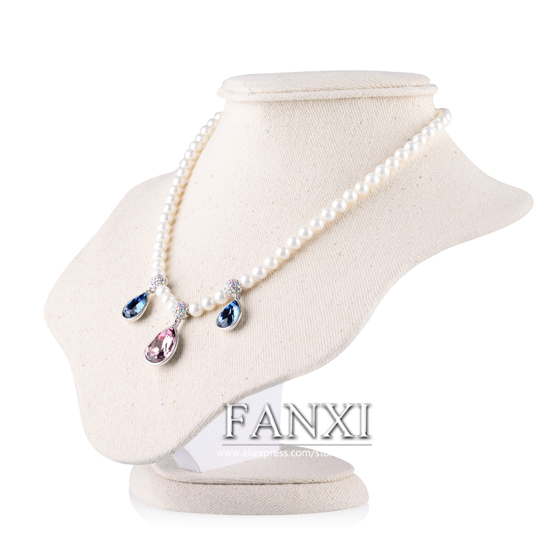 FANXI Jewelry Display High Quality MDF Wood With White Cardboard Korea Linen Creamy White Necklace Display Bust