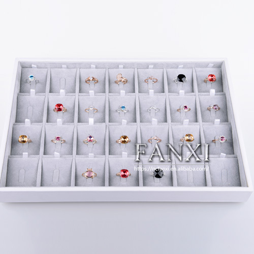 FANXI China Supplier Custom Fashion White PU Leather Necklace Holder Showcase Stackable Wood Jewellery Display Tray