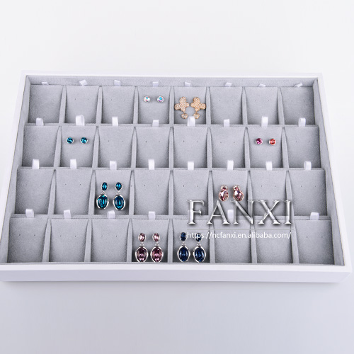 FANXI China Supplier Custom Fashion White PU Leather Necklace Holder Showcase Stackable Wood Jewellery Display Tray