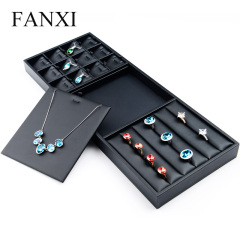 FANXI Wholesale factory custom stackable black PU leather jewellery exhibitor organizer pendants necklace and rings leather jewelry trays