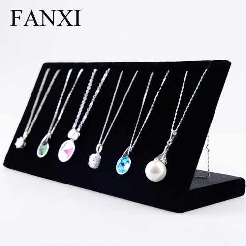 FANXI Wholesale Custom China Factory Wooden Jewelry Display Stand With 6 Hooks Black White Coffee Ice Velvet Pendant Necklace Display