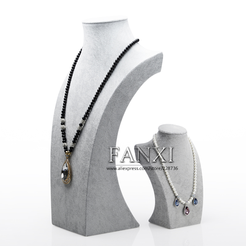 FANXI wholesale custom silver gray Ice velvet wooden jewelry Display bust mannequin model jewelry neck form