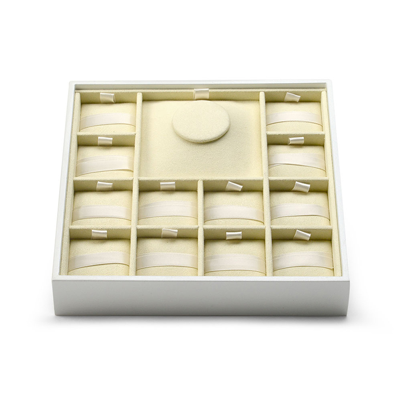 FANXI Custom Logo Luxury white lacquer jewellery trays with beige microfiber insert for Charms Bracelet and Beads Display Tray