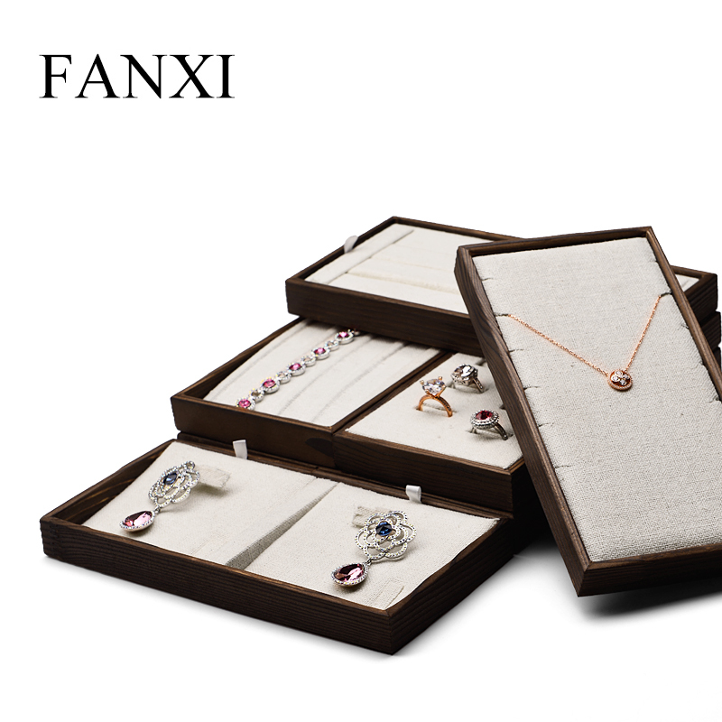 FANXI factory wholesale custom logo wooden jewelry necklace bracelet bangle pendant earring ring velvet tray for jewelry