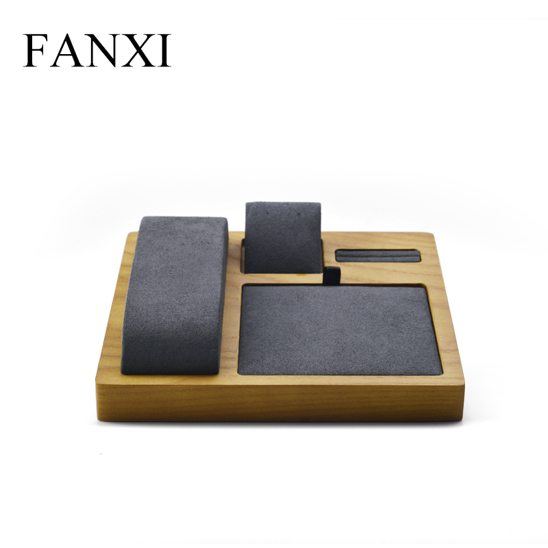 FANXI Factory Wholesale Multi-function Wooden Jewelry Display Tray With Microfiber Insert Watch Ring Necklace Jewelry Tray