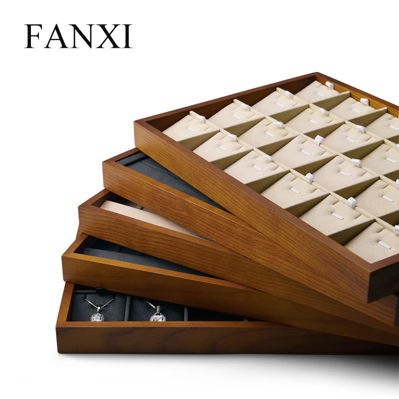 FANXI China New Stackable jewelry dark gray blank pendant ring tray creamy white solid wooden bracelet tray trinket tray
