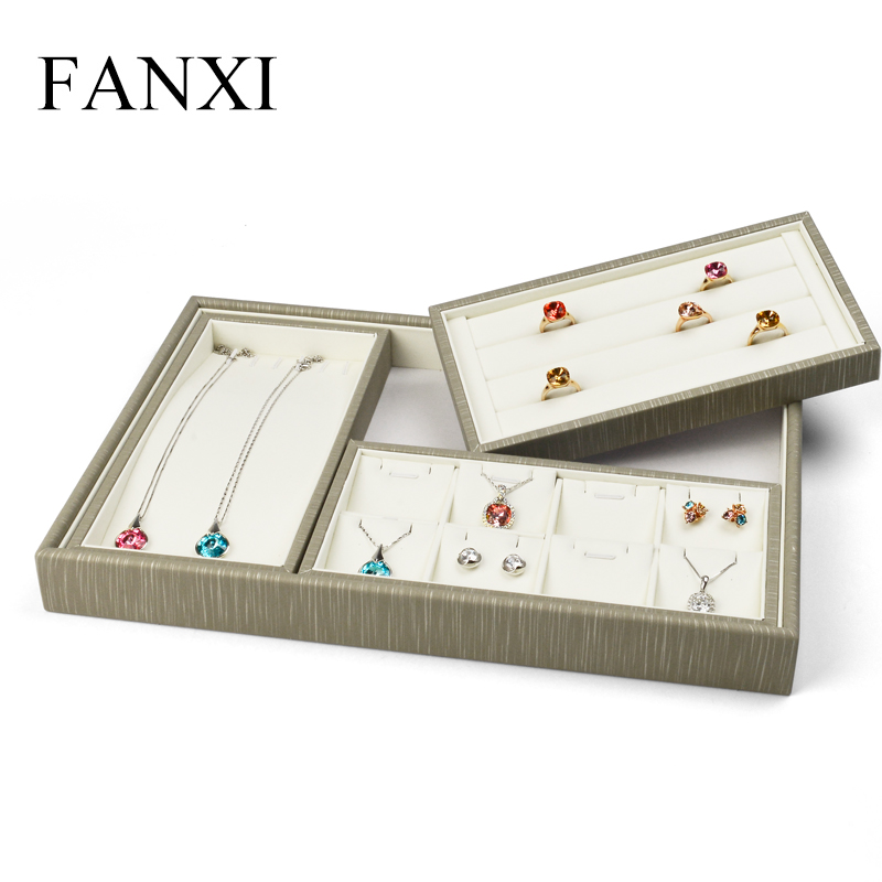 FANXI custom logo gray and beige jewellery service tray for ring earrings necklace bracelet PU leather Jewelry Exhibitor tray