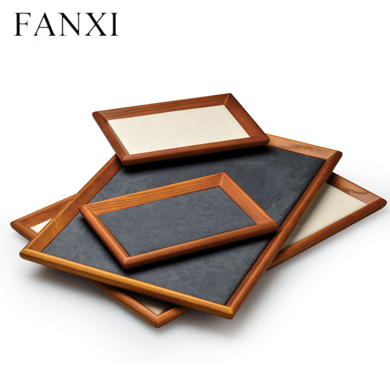 Stackable wooden jewellery display tray with microfiber