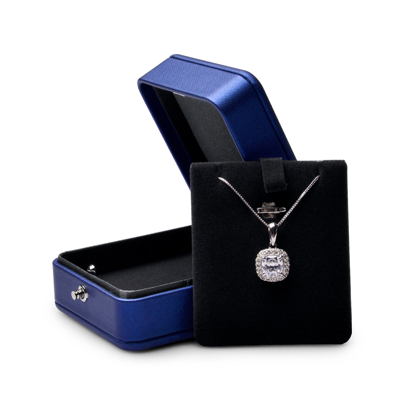 Blue leather jewelry packaging box with black velvet inside for ring pendant necklace