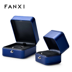 Blue leather jewelry packaging box with black velvet inside for ring pendant necklace