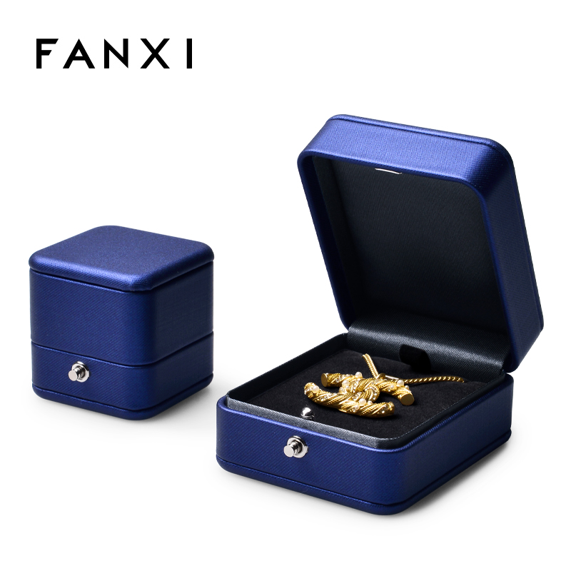 Blue leather jewelry packaging box with black velvet inside for ring pendant necklace