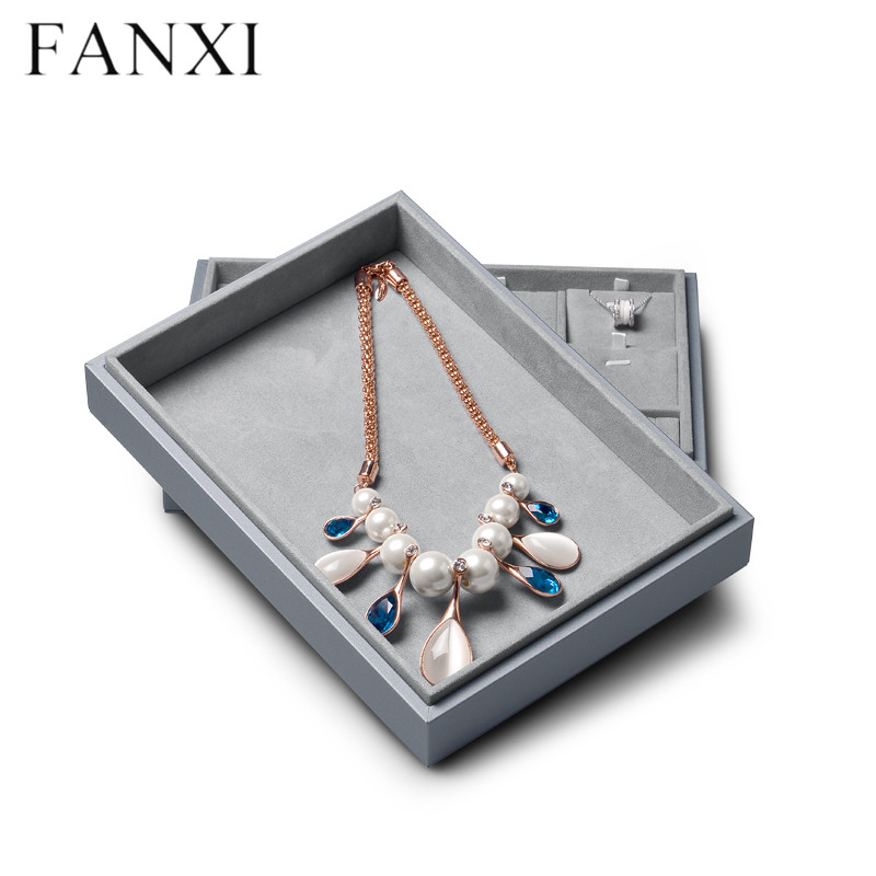 Gray leather stackable jewellery organizer display tray box for ring earring pendant bangle bracelet necklace