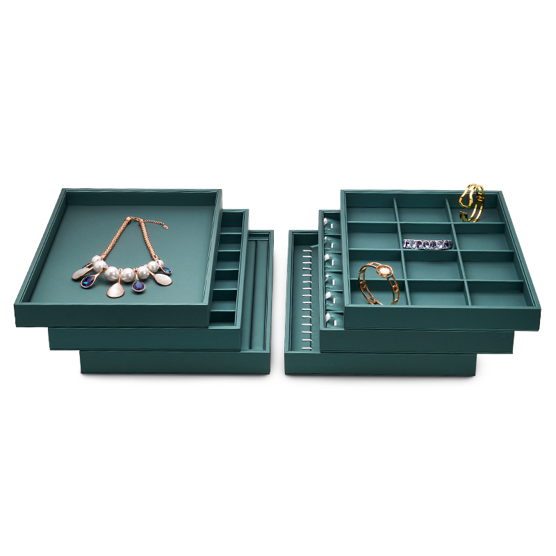 Dark green leather jewelry organizer display tray for ring pendant earring bangle bracelet necklace