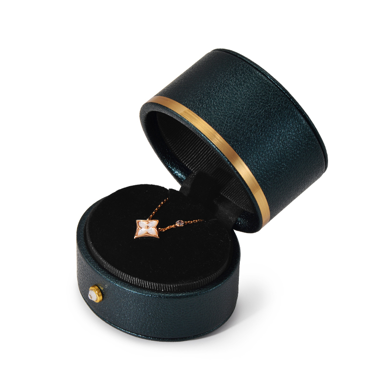 Round green leather jewellery packaging box for ring earring pendant earring