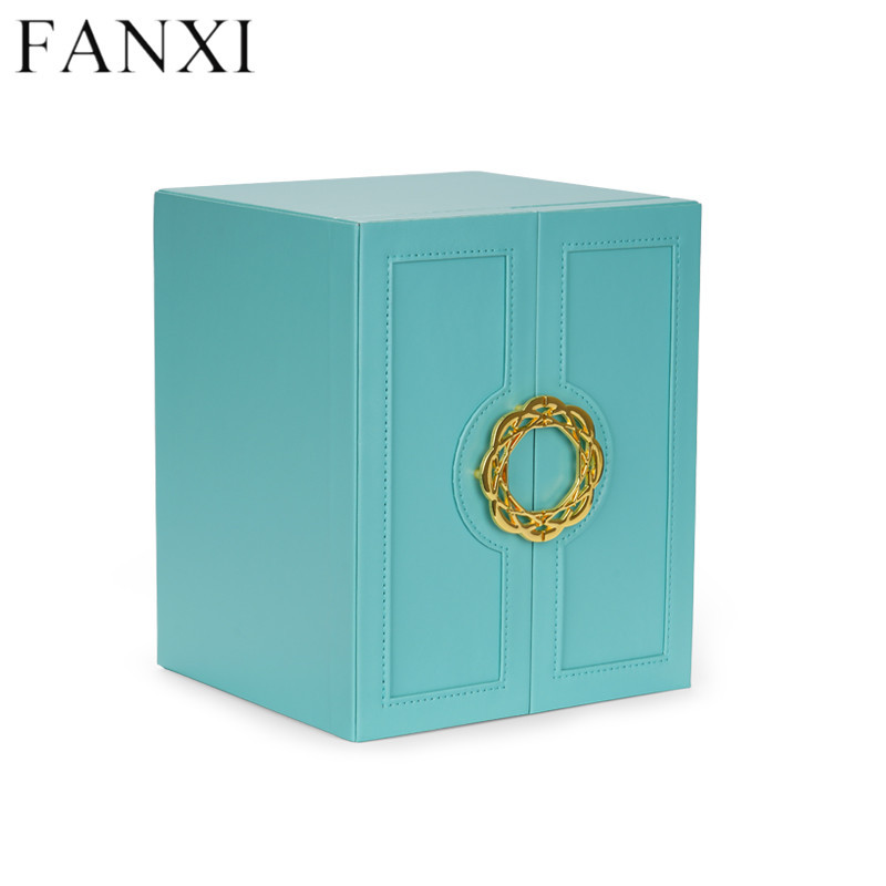 Tiffany blue leather multifunction jewelry organizer box case with microfiber inside