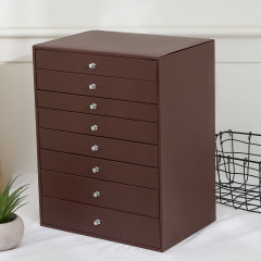 Drawer type brown leather jewelry storage box case