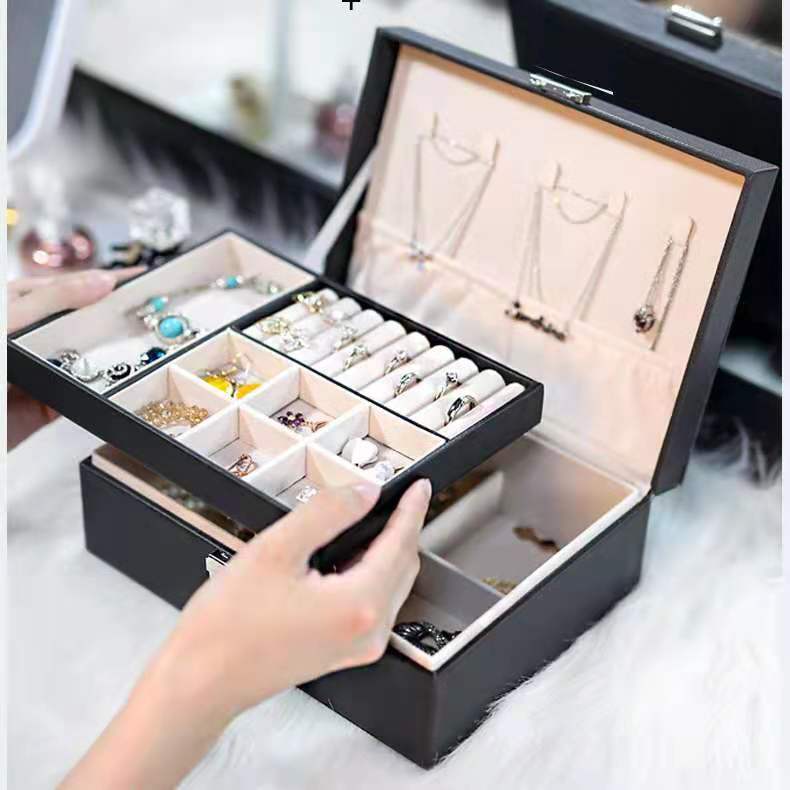 Cream pink black leather multifunction jewelry organizer case