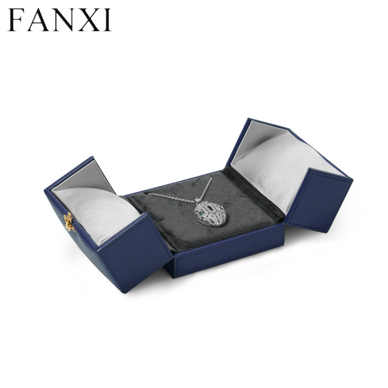 Navy blue leather jewelry packaging box for ring pendant