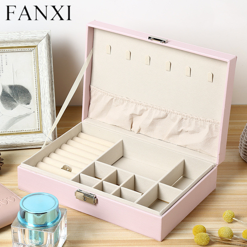 Cream pink black leather multifunction jewelry organizer case