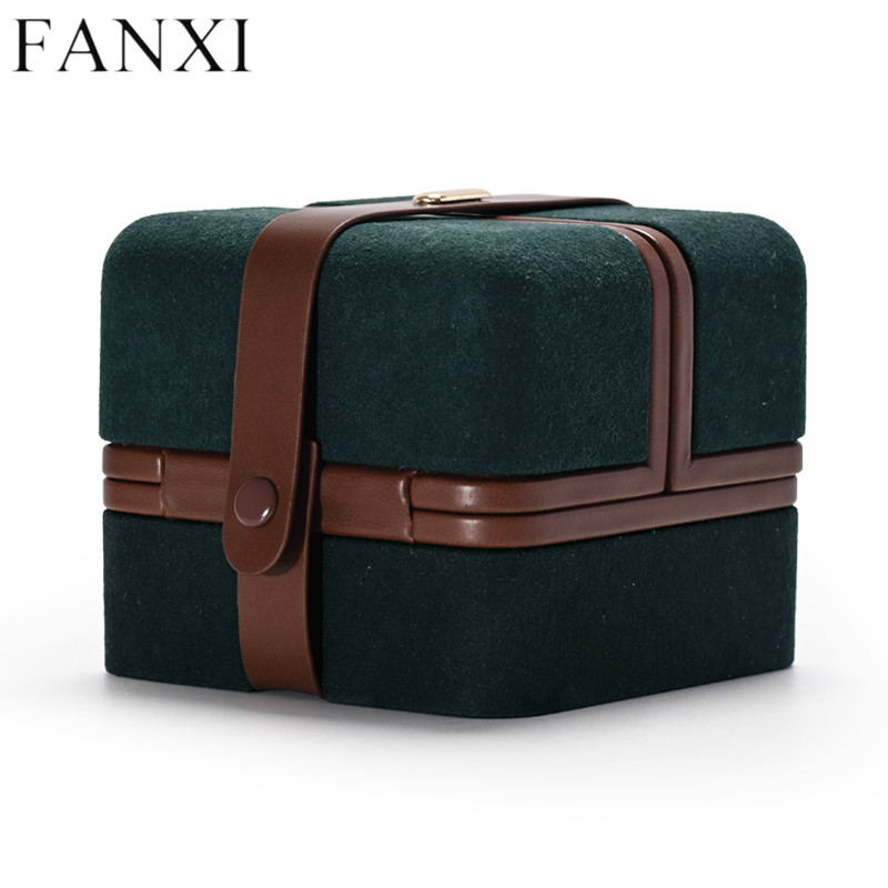 Unique classic dark green microfiber jewelry packing box with leather ribbon