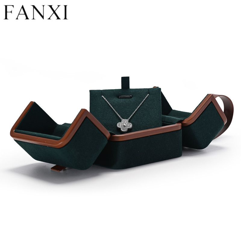 Unique classic dark green microfiber jewelry packing box with leather ribbon