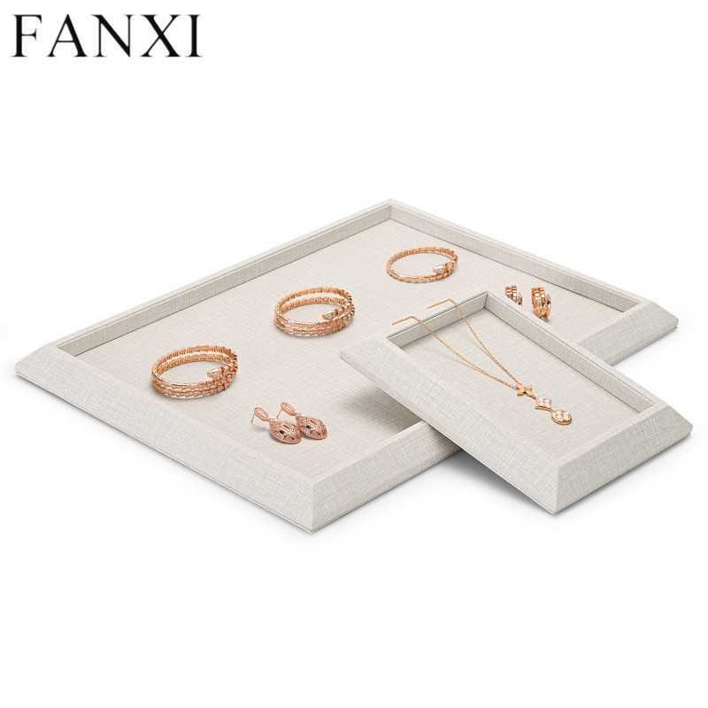 Beige PU leather flat jewelry display tray