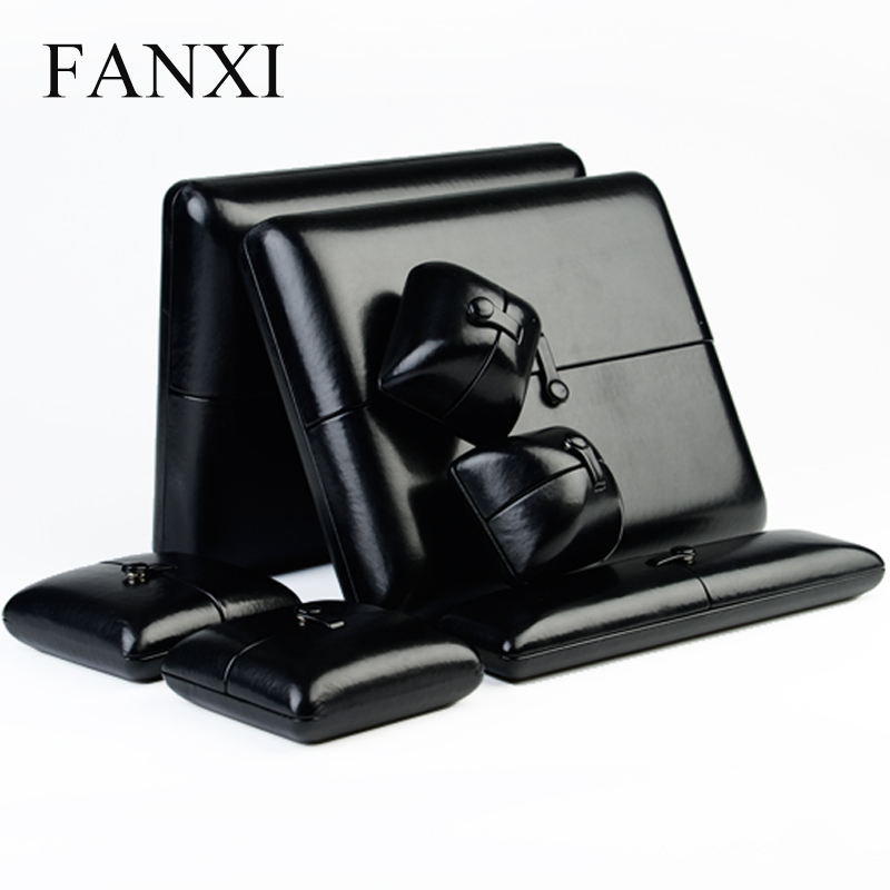 FANXI Deluxe Custom Logo Jewellery Boxes With Button And Velvet Insert For Ring Necklace Bangle Bracelet Black Leatherette Double Door Jewelry Box