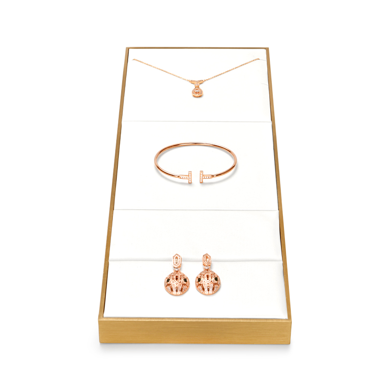 Luxury metal frame jewelry display set with white leather