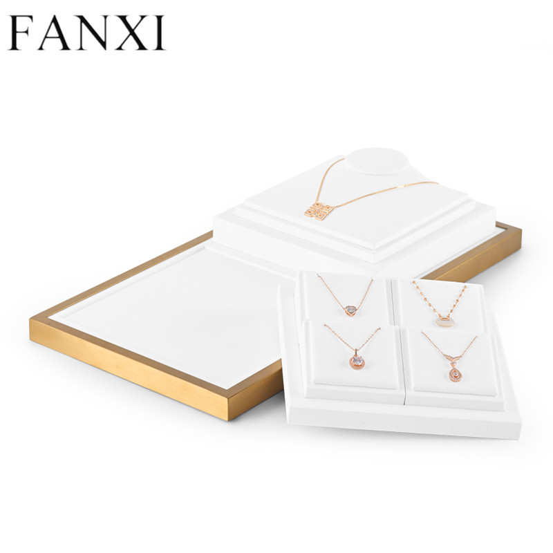 Luxury metal frame jewelry display set with white microfiber