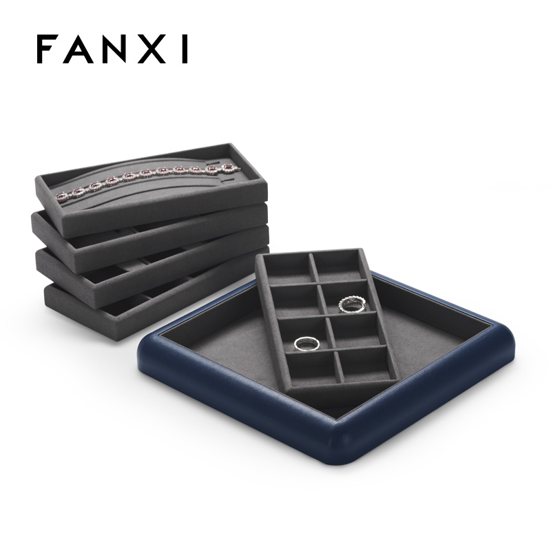 Customise colour multi-function leather jewellery display tray with microfiber inside