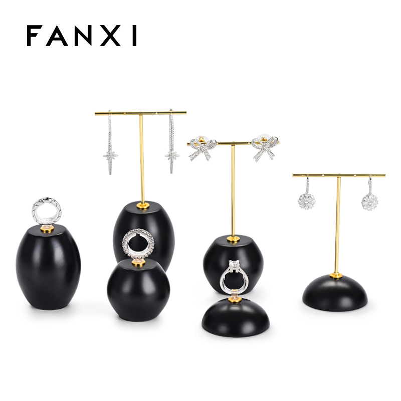 Luxury black resin earring & ring display stand with metal T bar