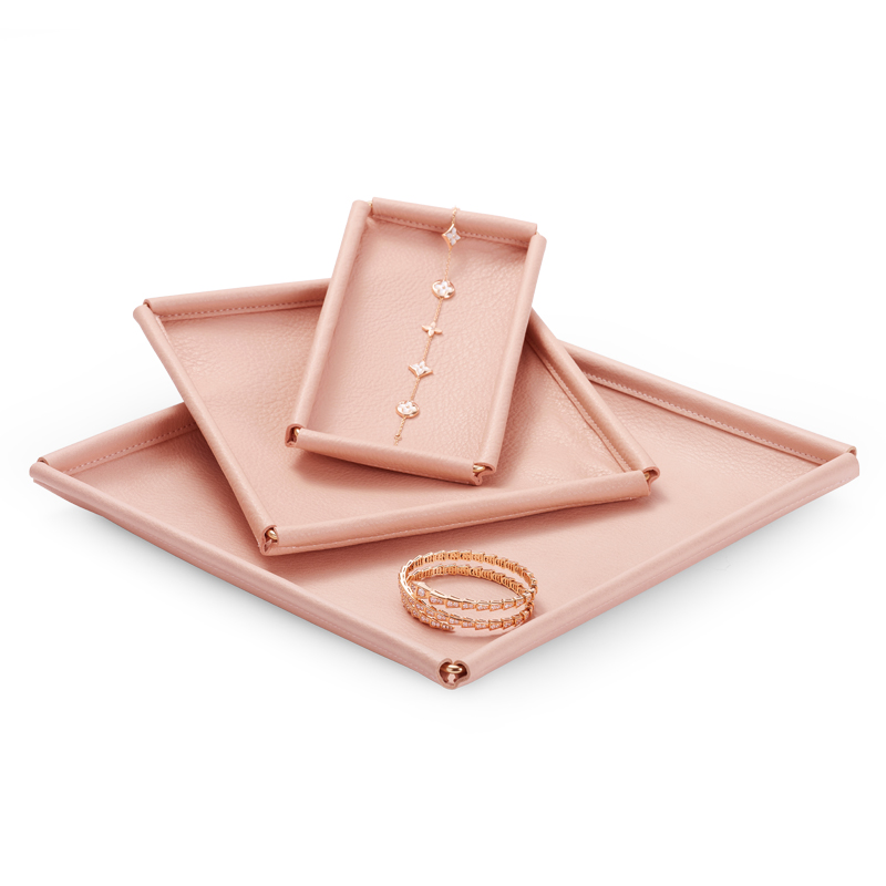 Custom colour metal frame pink pu leather jewelry display tray