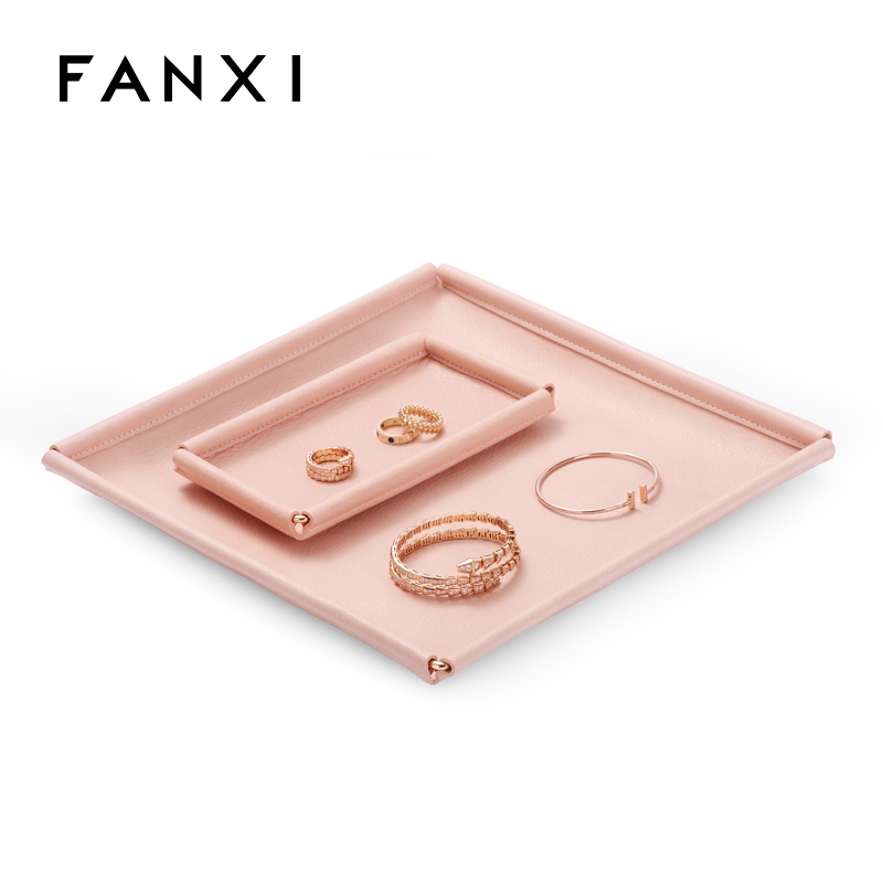 Custom colour metal frame pink pu leather jewelry display tray