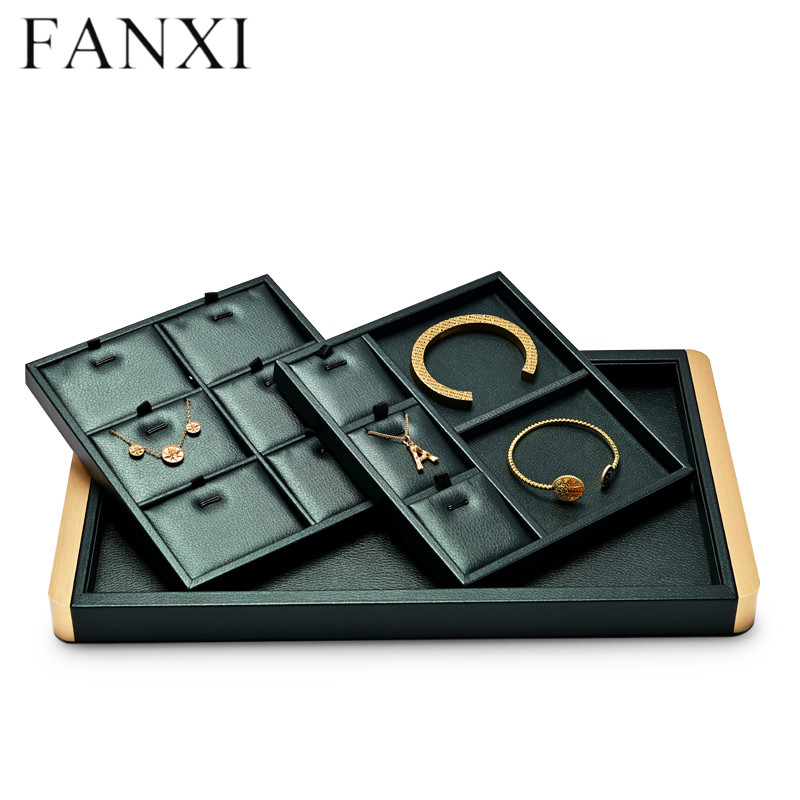 Free combination metal frame jewelry organizer display tray with dark green leather