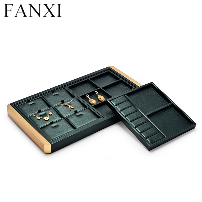 Free combination metal frame jewelry organizer display tray with dark green leather