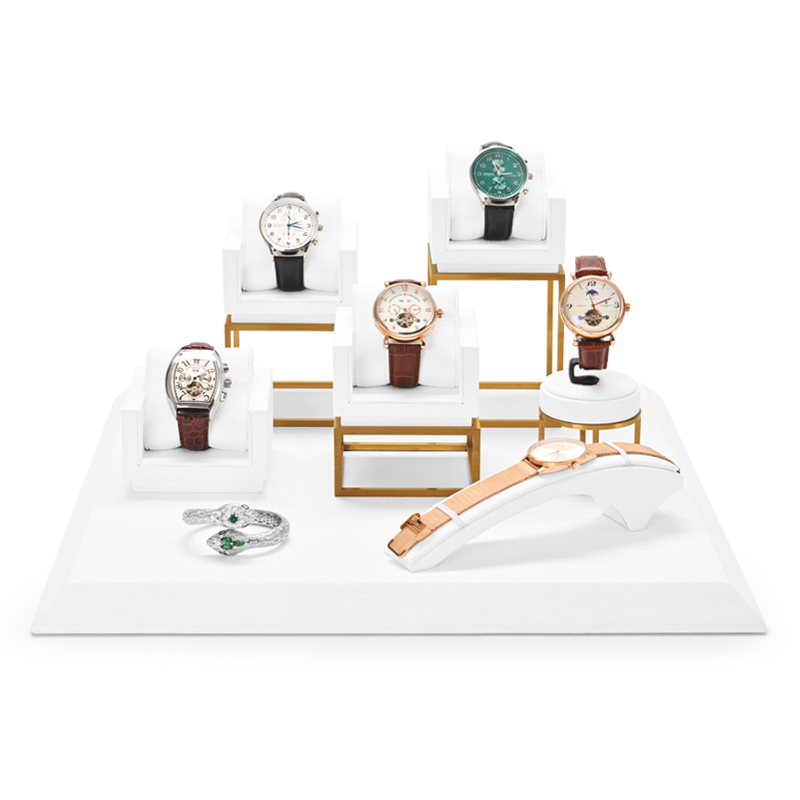 Luxury metal frame watch display set with white microfiber